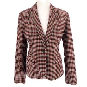 Merona Plaid Wool Blend Blazer Tan Blue Red 14
